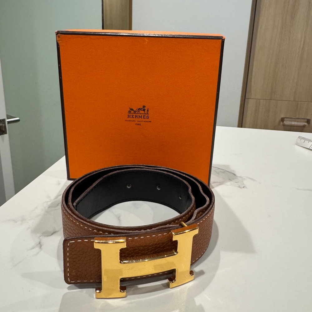 Hermes Brown Leather Constance Belt with Gold H Buckle